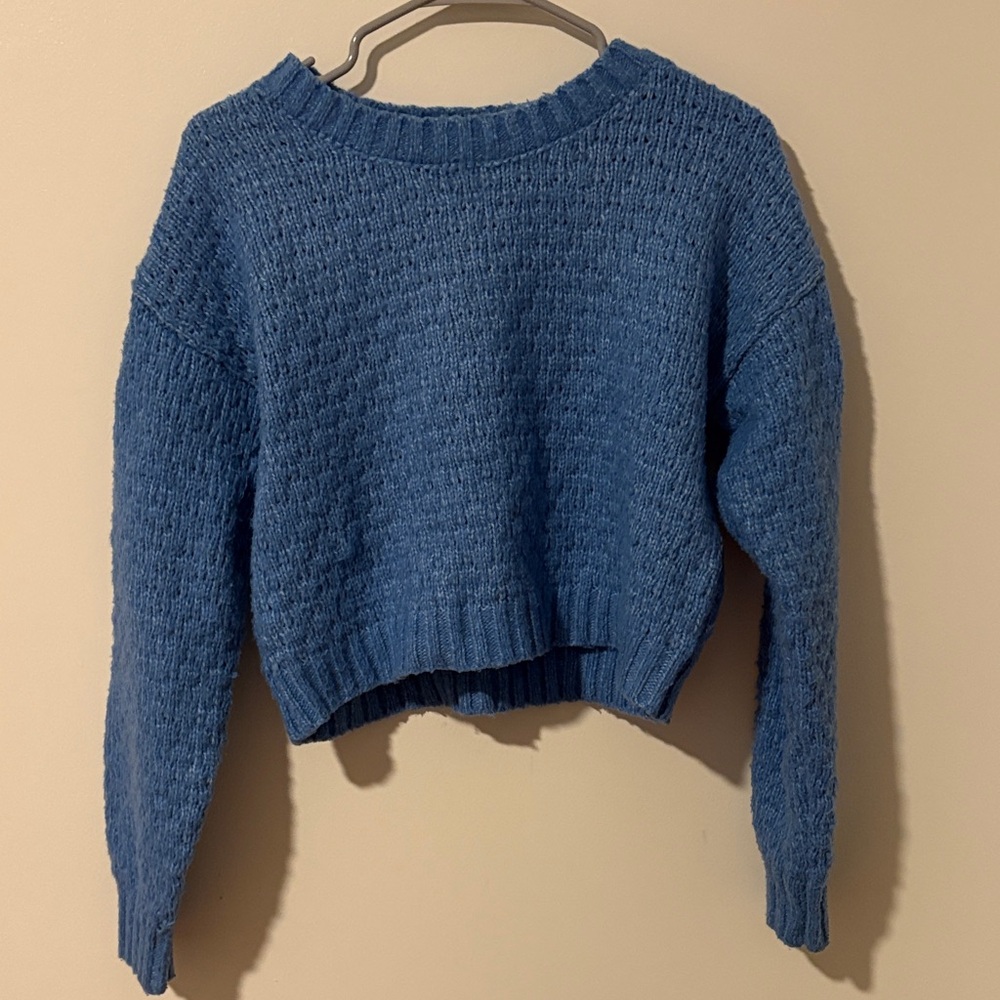 Pink Rose Textured Blue Crew Neck Cropped Sweater
